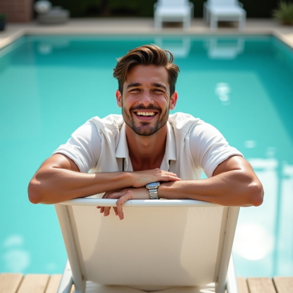 Relaxed Laugh Close-Up Instead of Forced Smolder example: Photorealistic dating profile photo. Half-body poolside portrait with the subject leaning casually on a white cabana cha