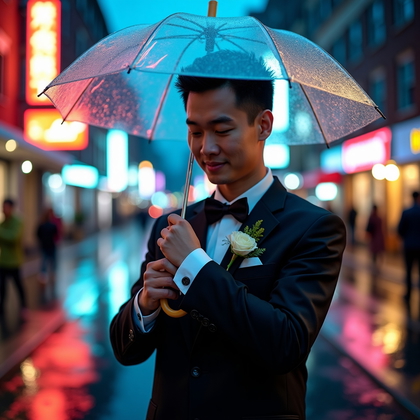 AI-generated photo: Photorealistic wedding portrait photo on a rain-slick city street at blue hour, half-length close-up...