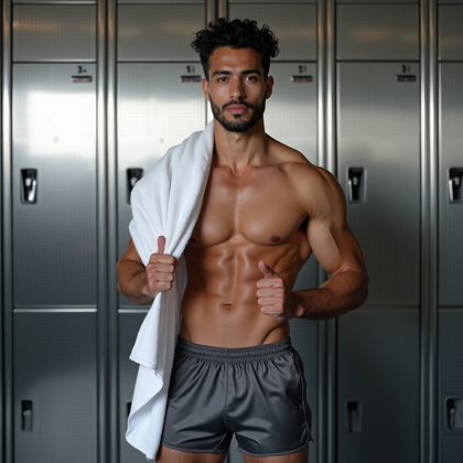 AI-generated photo: Photorealistic fashion fitness photography staged in front of a perforated aluminum panel wall with ...