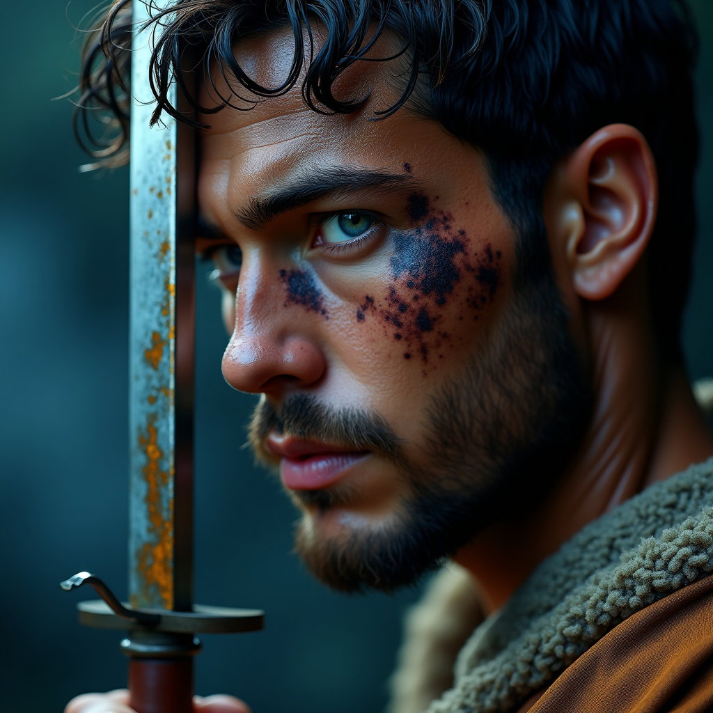 Solo Achilles Battle-Scar Close-Up example: Cinematic mythological portrait photography. Extreme close-up of an Achilles-inspired solo hero after battle, face fully