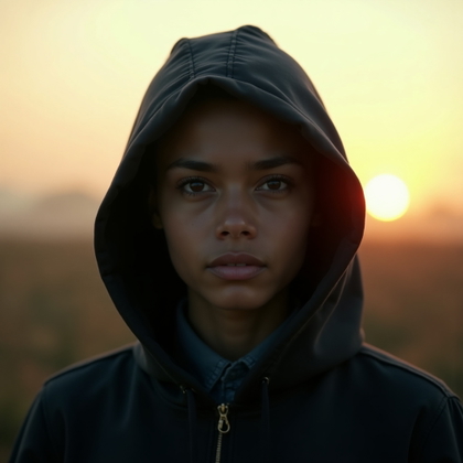 Sunrise Aftermath Final Girl Portrait example: Cinematic horror portrait photo, square profile/avatar crop with the subject centered from shoulders up, wearing a hoode