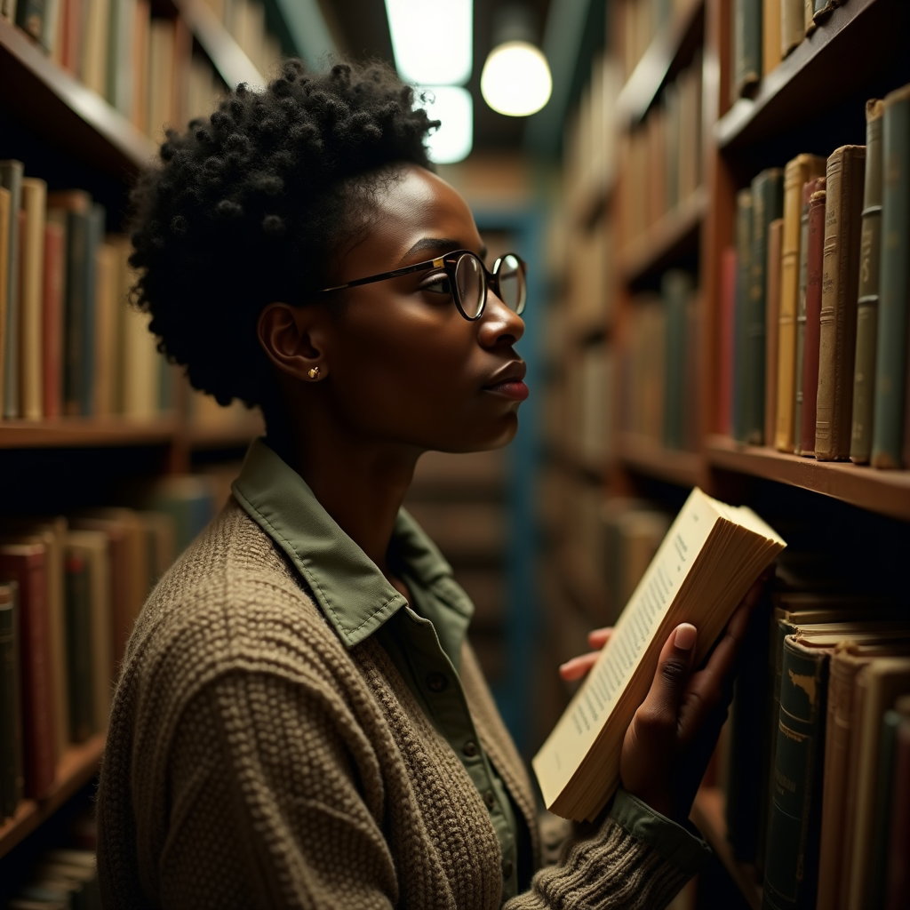 Bookstore Browse: Candid side-profile portrait of one visible person in a narrow old bookstore aisle, one hand easing a clothbound book halfway from an…