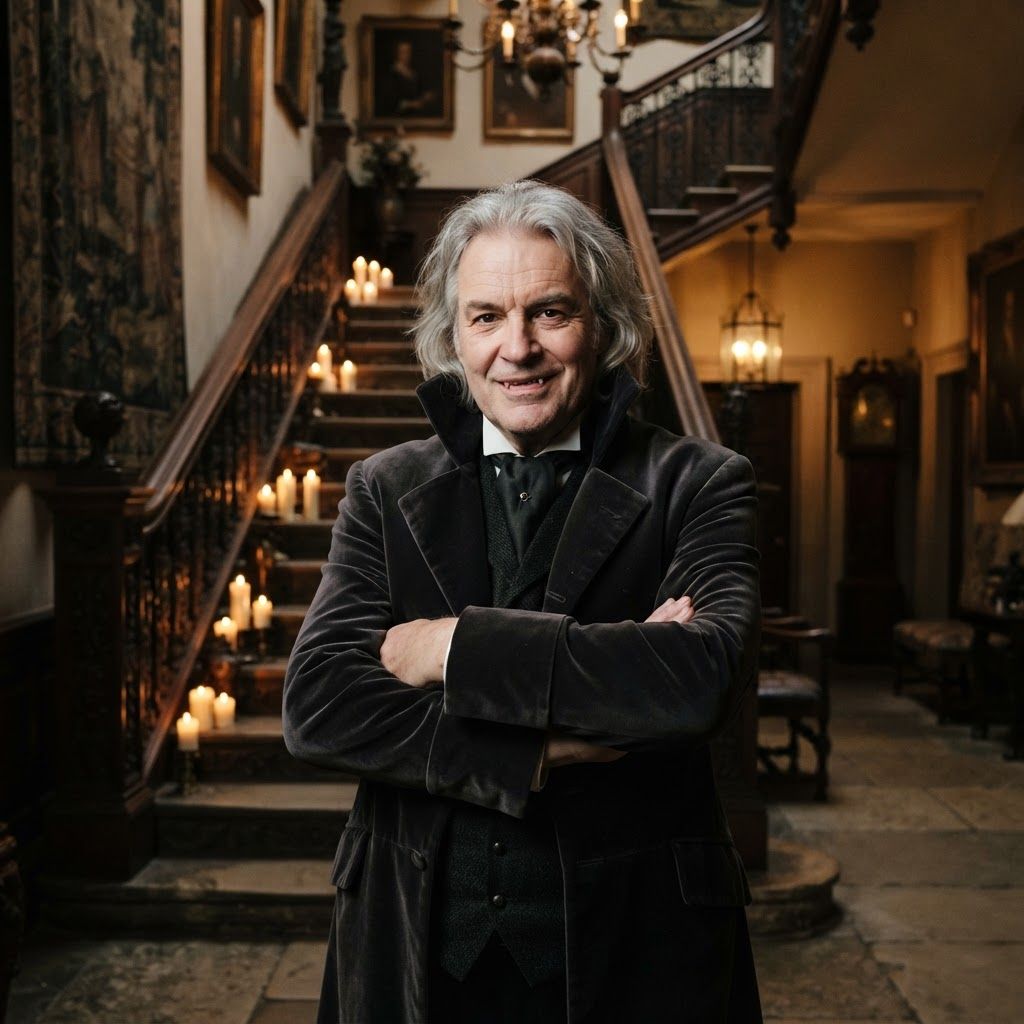 Velvet-Collar Vampire Portrait: Half-length portrait at the foot of an ornate indoor staircase.