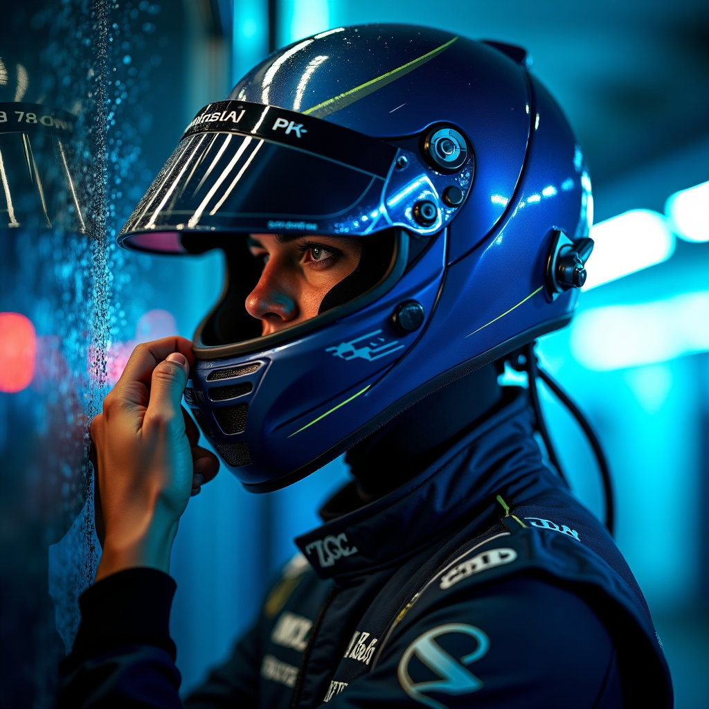 Post-Session Helmet-in-Hand Portrait example: Photorealistic conceptual motorsport portrait photography. Unexpected creative post-session portrait shot through rain-s