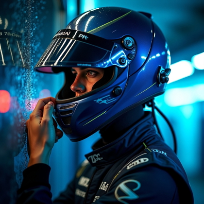 Post-Session Helmet-in-Hand Portrait example: Photorealistic conceptual motorsport portrait photography. Unexpected creative post-session portrait shot through rain-s