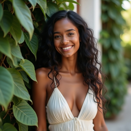 Tropical Garden Walkout Shot example: Photorealistic profile avatar photo, tight vertical crop from chest up with the subject leaning lightly beside a tropica