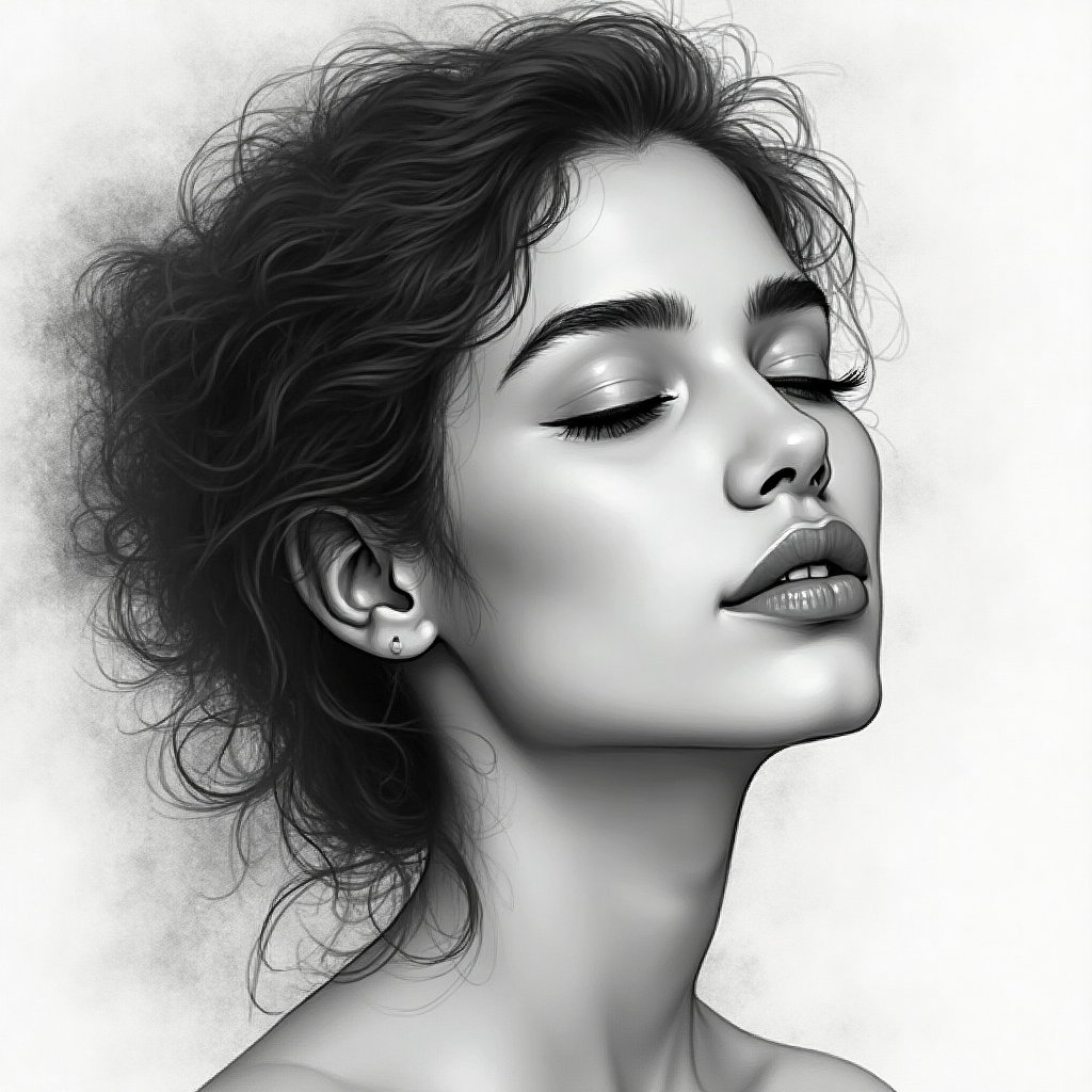 AI-generated photo: Line Art Drawing. Construct a dreamy soft focus portrait using fluid and organic lines to capture th...