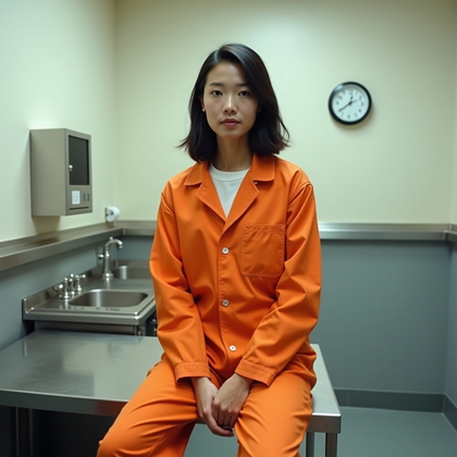 AI-generated photo: Photorealistic identity shot staged in a small processing room, with the subject in an orange jumpsu...