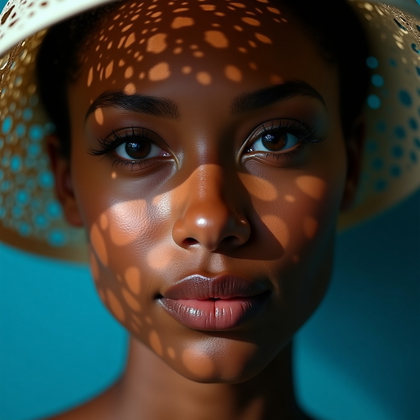 AI-generated photo: Photorealistic studio beauty portrait photo. Off-center head-and-face close-up where a small Fresnel...