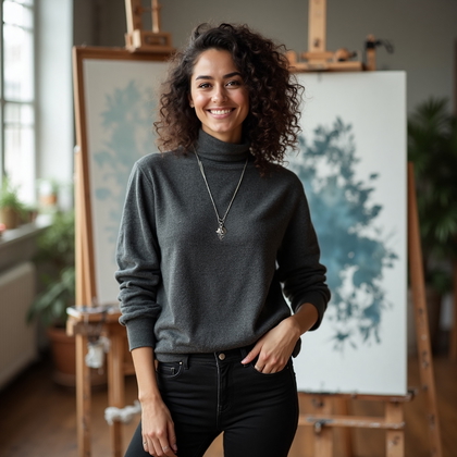 AI-generated photo: Professional headshot within a relaxed lifestyle setting in a contemporary art studio. The scene fea...