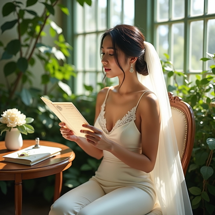 AI-generated photo: Photorealistic wedding photography in a greenhouse dressing corner, dappled sunlight filtering throu...