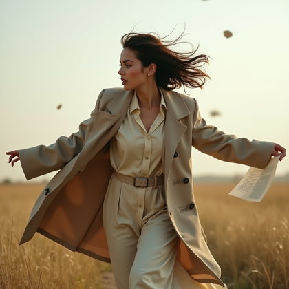Windblown Meadow Poet Portrait With a Long Coat example: Photorealistic portrait photography. Motion/action portrait of the subject turning into the wind in a meadow, long coat