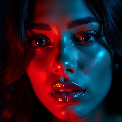 AI-generated photo: Photorealistic studio beauty portrait. Face-only macro-style close-up where every pore and highlight...