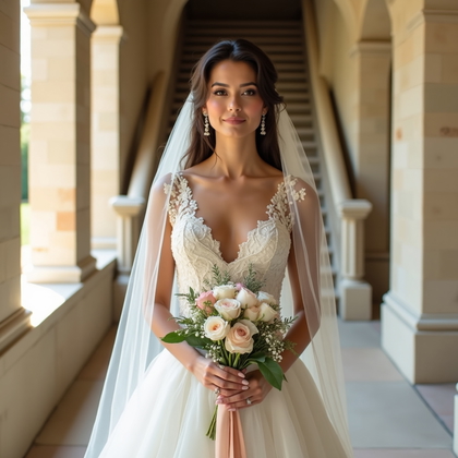 AI-generated photo: Photorealistic wedding photography in a historic villa corridor with creamy stone walls and a grand ...