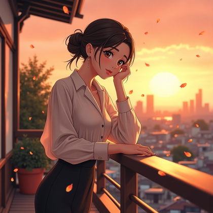 AI-generated photo: Anime illustration. A romantic anime-inspired portrait set during golden hour on a quiet Japanese ro...