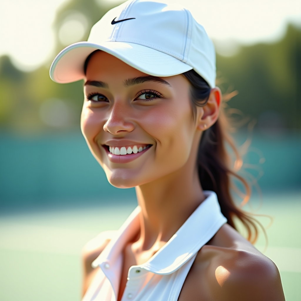 Close-Up Tenniscore Beauty Portraits With Visor or Cap example: Photorealistic profile photo portrait photography. Tight head-and-shoulders avatar crop with a clean tennis cap, collar