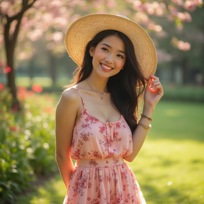 AI-generated photo: Tinder allure photo of a woman in a flirty, carefree pose in a sunlit park surrounded by blooming fl...