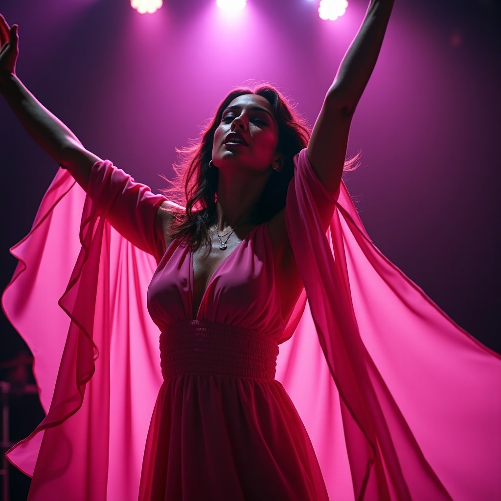 Glam Pop Diva Beauty Album Cover Photos example: Photorealistic glam pop album cover motion photo. Capture the subject mid-performance with the face clearly visible, arm