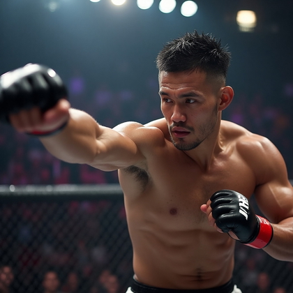 AI-generated photo: Photorealistic scene of a UFC fighter executing a swift punch, with the focus on the explosive energ...