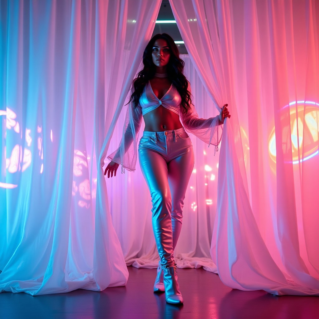 Full-Body Outfit Reveal Pose example: Photorealistic creative fashion photography. Unexpected full-body outfit reveal behind a translucent vinyl curtain lit b