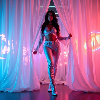 Full-Body Outfit Reveal Pose example: Photorealistic creative fashion photography. Unexpected full-body outfit reveal behind a translucent vinyl curtain lit b
