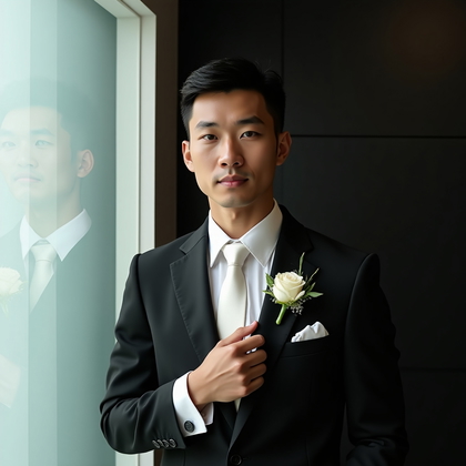 AI-generated photo: Photorealistic wedding head-and-shoulders portrait beside a translucent glass installation in a cont...