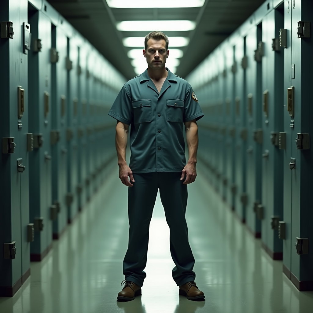 AI-generated photo: Photorealistic prison corridor photography, subject standing in the center of a long hallway of meta...