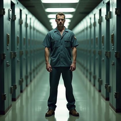 AI-generated photo: Photorealistic prison corridor photography, subject standing in the center of a long hallway of meta...