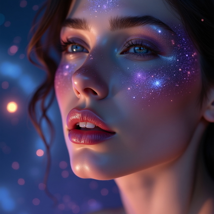 AI-generated photo: Photorealistic ultra-intimate cosmic beauty portrait photography. The frame is an extremely tight, v...