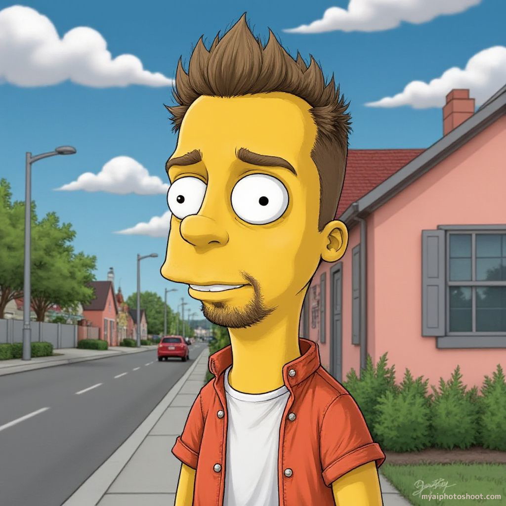 Transform me into a character from The Simpsons, capturing the distinct yellow skin tone, vibrant color palette, and exaggerated features. Include signature details like googly eyes and a vibrant wardrobe, while retaining my recognizable hairstyle and accessories. Set against a classic Springfield background for an authentic touch.