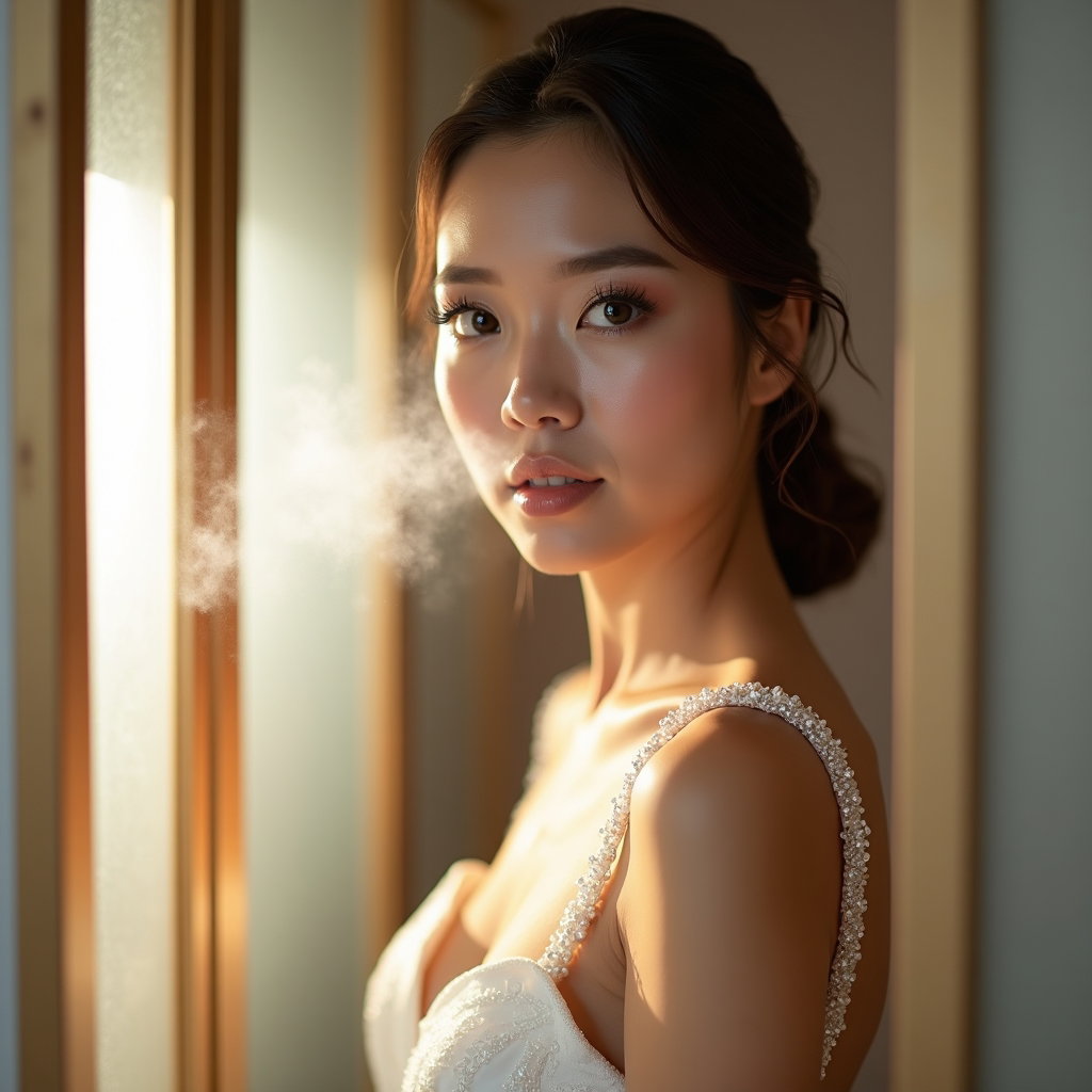 AI-generated photo: Photorealistic bridal beauty photograph in a private dressing suite with frosted divider panels, as ...