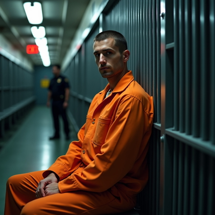 AI-generated photo: Photorealistic, stylized prison identity portrait composed in a dim holding area, where the subject ...
