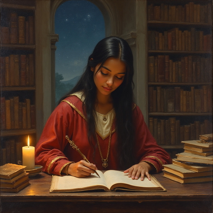 AI-generated photo: Renaissance oil painting. A thoughtfully composed piece depicting a scholarly figure amidst an array...