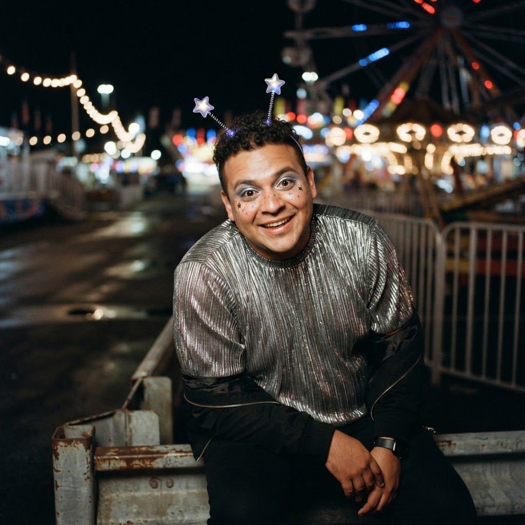 Retro Space Alien Under Colorful Night Lights: Seated on a low barrier at an empty fairground after dark, lean toward the viewer with an amused, wide-eyed expression.