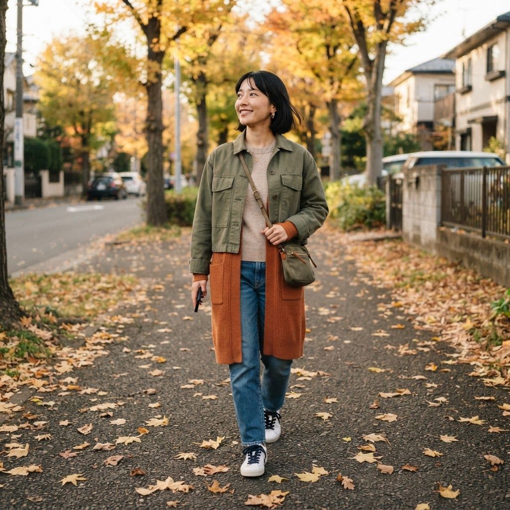Soft Layers on a Leaf-Strewn Walk: Full-length, three-quarter-front walking portrait on a quiet residential path scattered with yellow leaves.