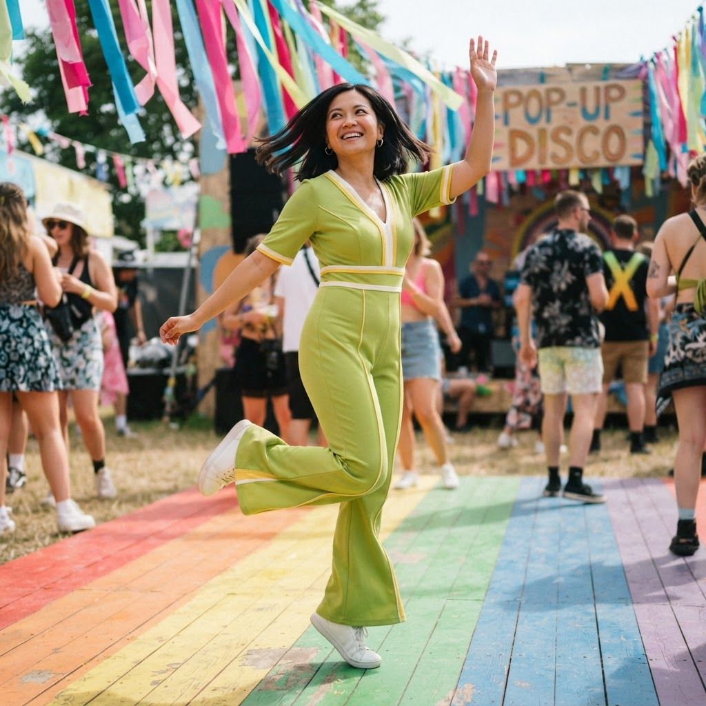 Retro Disco Star in Motion: Full-body solo dance shot at a daylight pop-up disco, captured mid-skip with one arm lifted high.