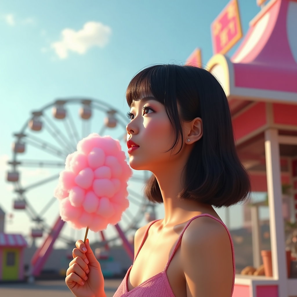Ferris Wheel Daydream Portrait example: Photorealistic profile portrait photography. Avatar-ready vertical crop from collarbone up at a daytime fairground snack