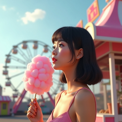 Ferris Wheel Daydream Portrait example: Photorealistic profile portrait photography. Avatar-ready vertical crop from collarbone up at a daytime fairground snack