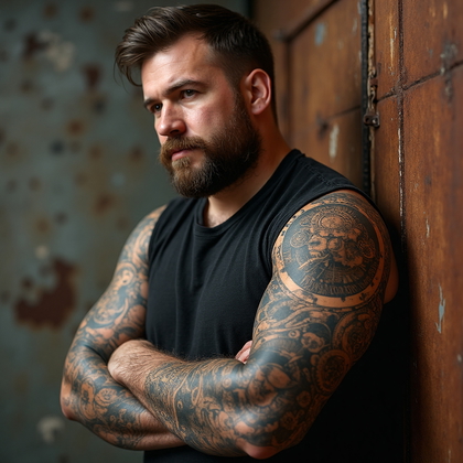 AI-generated photo: Photorealistic photography of a man with a half sleeve tattoo featuring a captivating steampunk them...