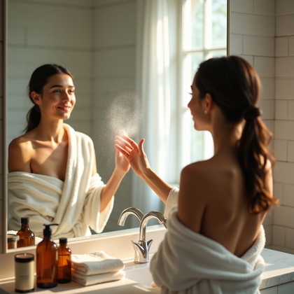 AI-generated photo: Photorealistic lifestyle photography in a bright tiled bathroom post-shower, the subject stands befo...