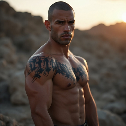 AI-generated photo: Photorealistic photography of a man with a bold script tattoo on his bicep. The tattoo features the ...
