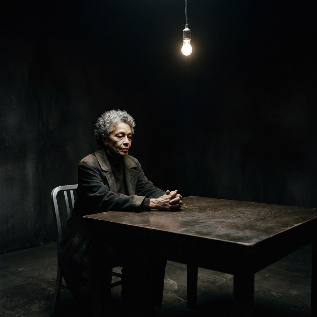 Interrogation Lamp: Wide negative-space interrogation portrait, one visible person seated small at a table in an otherwise dark room, clasped hands illuminated…
