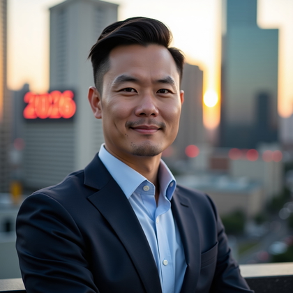 AI-generated photo: Professional headshot: Head-and-shoulders portrait on a corporate rooftop terrace at golden hour, ta...