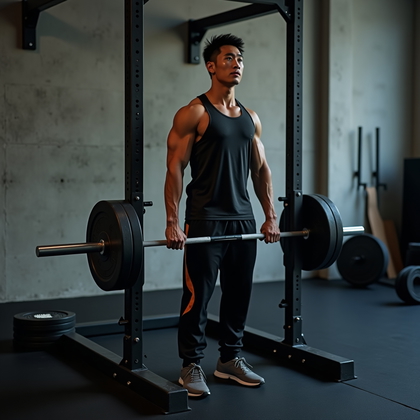 AI-generated photo: Photorealistic fitness photography of a Jefferson curl beside a squat rack, the subject standing on ...