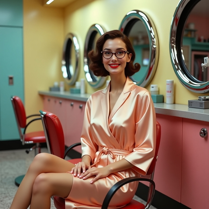 AI-generated photo: Photorealistic 1950s-style beauty salon portrait with a row of pastel chrome-hood dryers and terrazz...