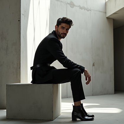 Photorealistic fashion portrait inside a brutalist concrete atrium where high clerestory windows cast hard-edged shafts of light across angular walls and a low plinth; the subject wears structured monochrome tailoring with a sculptural belt and polished ankle boots, seated sideways on the concrete block with one forearm resting on the knee and chin turned fully toward camera for a poised, magnetic read. A crisp key from the window defines planes of the face while a soft, neutral bounce fills shadows to maintain clarity without flattening contrast. Negative space and converging lines draw the eye to the subject, with subtle dust motes catching light for atmosphere.