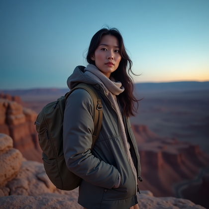 Photorealistic travel-adventure portrait photo on a windswept desert overlook at blue hour, the subject standing on a rock ledge with a grounded, confident stance and a compact daypack slung over one shoulder, a lightweight jacket and scarf subtly catching the breeze, face fully open to camera. The sky graduates from deep indigo to warm amber near the horizon, and a gentle rim from the remaining twilight outlines the subject against a sweeping valley. Composition places the figure slightly off-center for a cinematic vista while warm earth tones and cool sky hues balance an aspirational, wanderlust mood.