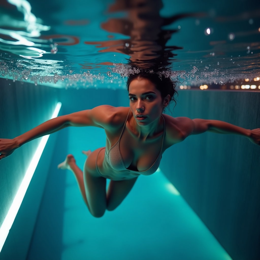 AI-generated photo: Photorealistic underwater portrait photography, a sensual and athletic full-body portrait in a moder...
