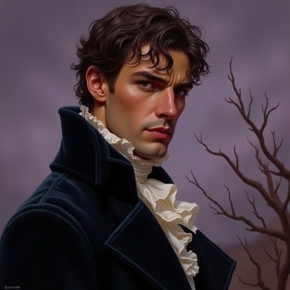Velvet Coat Byronic Poet Portrait at Dusk example: Romantic-era oil painting. Close-up portrait of the subject in a dark velvet coat with a high collar, ruffled shirt, and