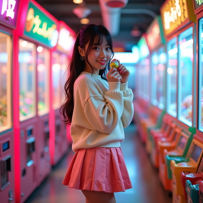AI-generated photo: Street fashion photography, a kawaii solo concept set in a neon-lit Japanese arcade filled with claw...